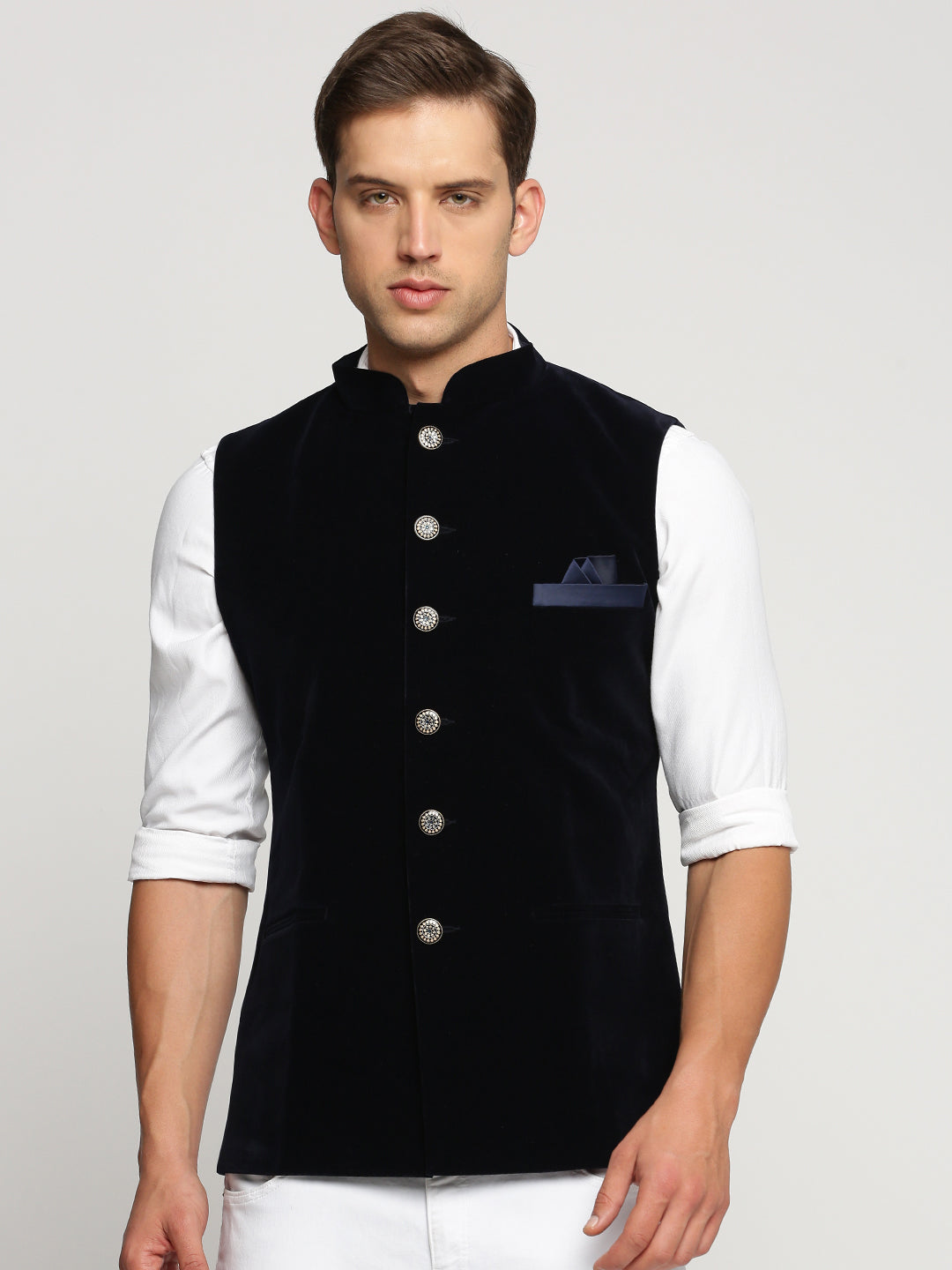 Men Navy Blue Mandarin Collar Solid Nehru Jacket
