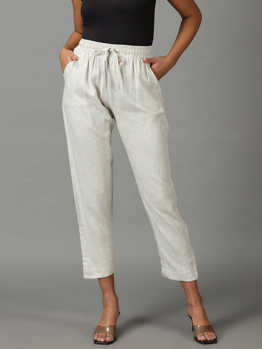 Women's Beige Solid Cigarette Trouser