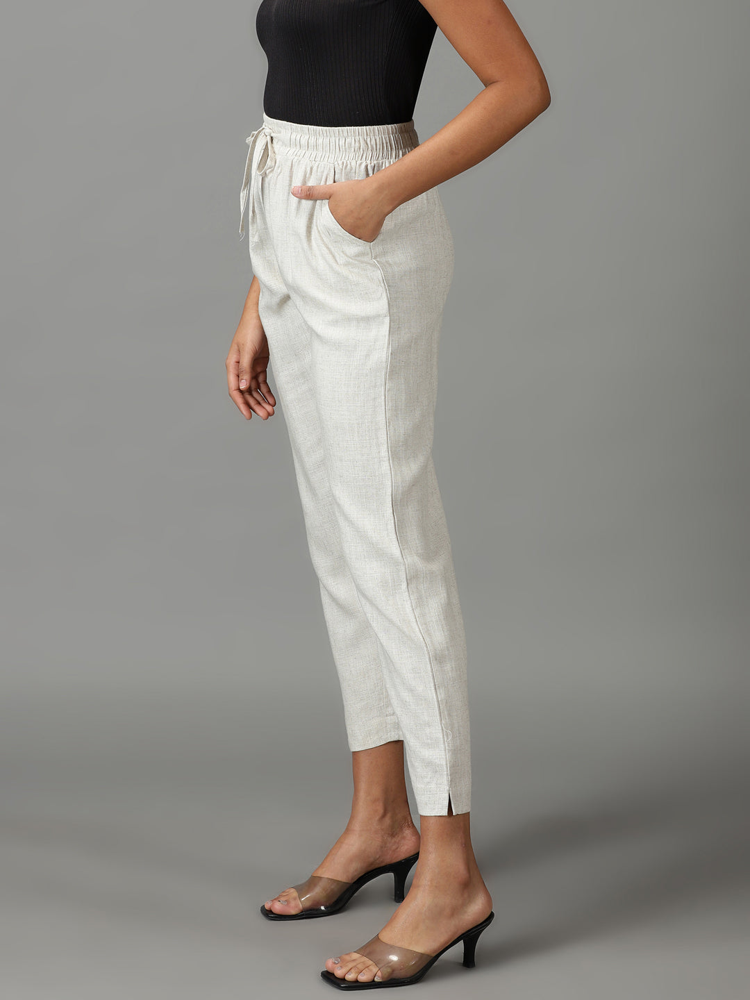 Women's Beige Solid Cigarette Trouser