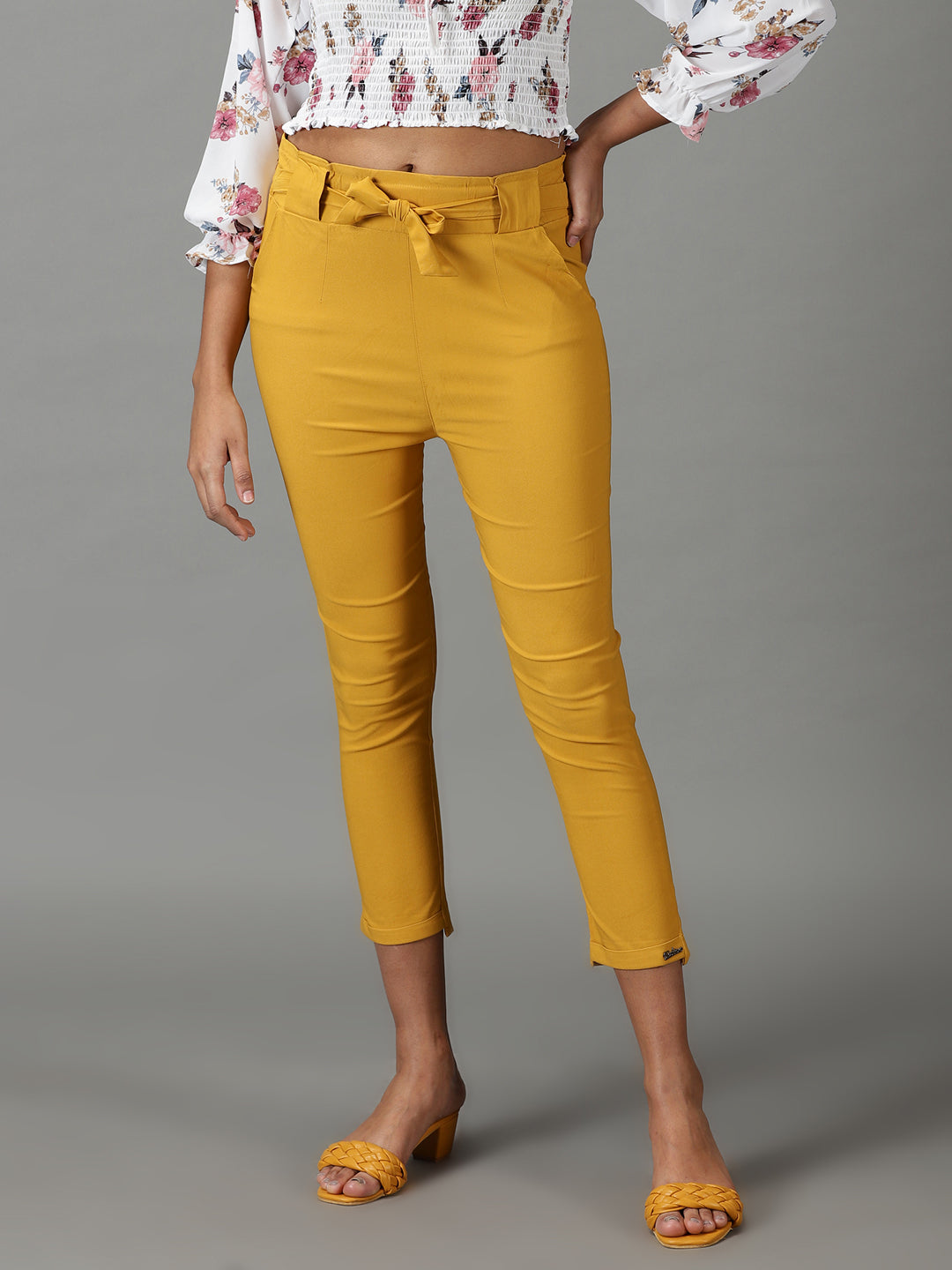Women's Mustard Solid Cigarette Trouser