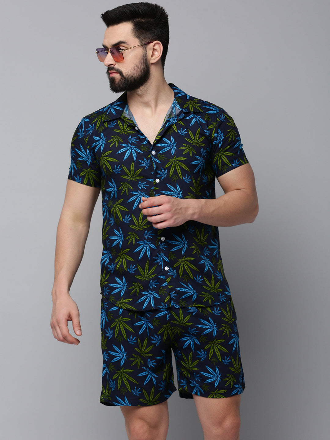 Men Navy Printed Casual Co-Ord Set