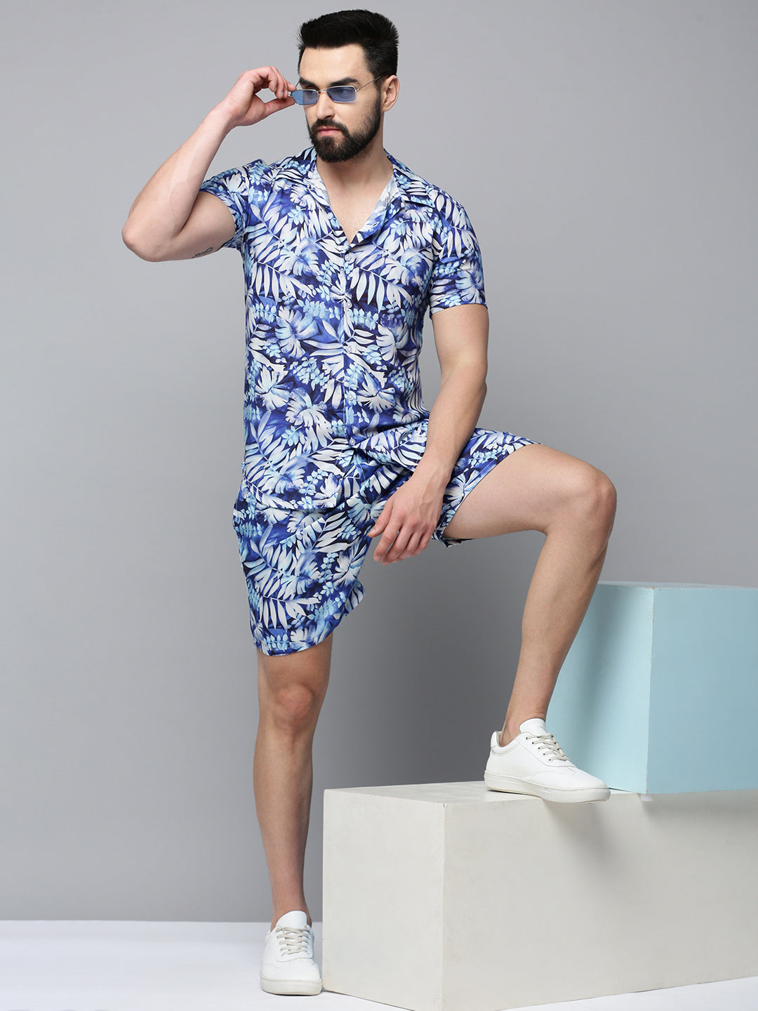 Men Blue Printed Casual Co-Ord Set