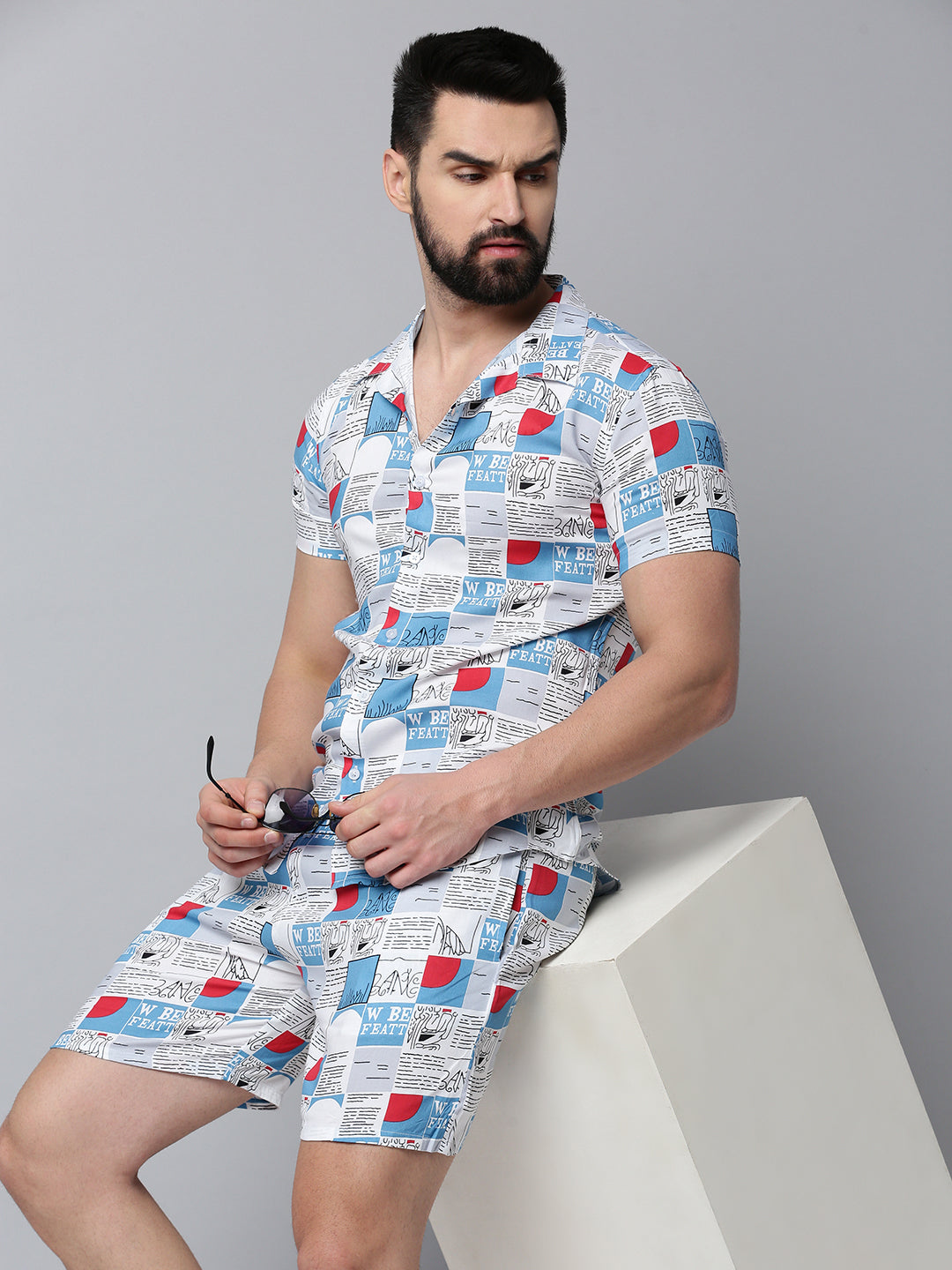 Men White Printed Casual Co-Ord Set
