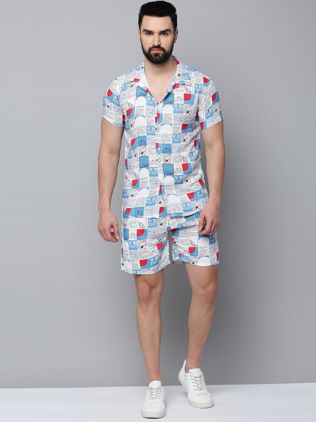 Men White Printed Casual Co-Ord Set