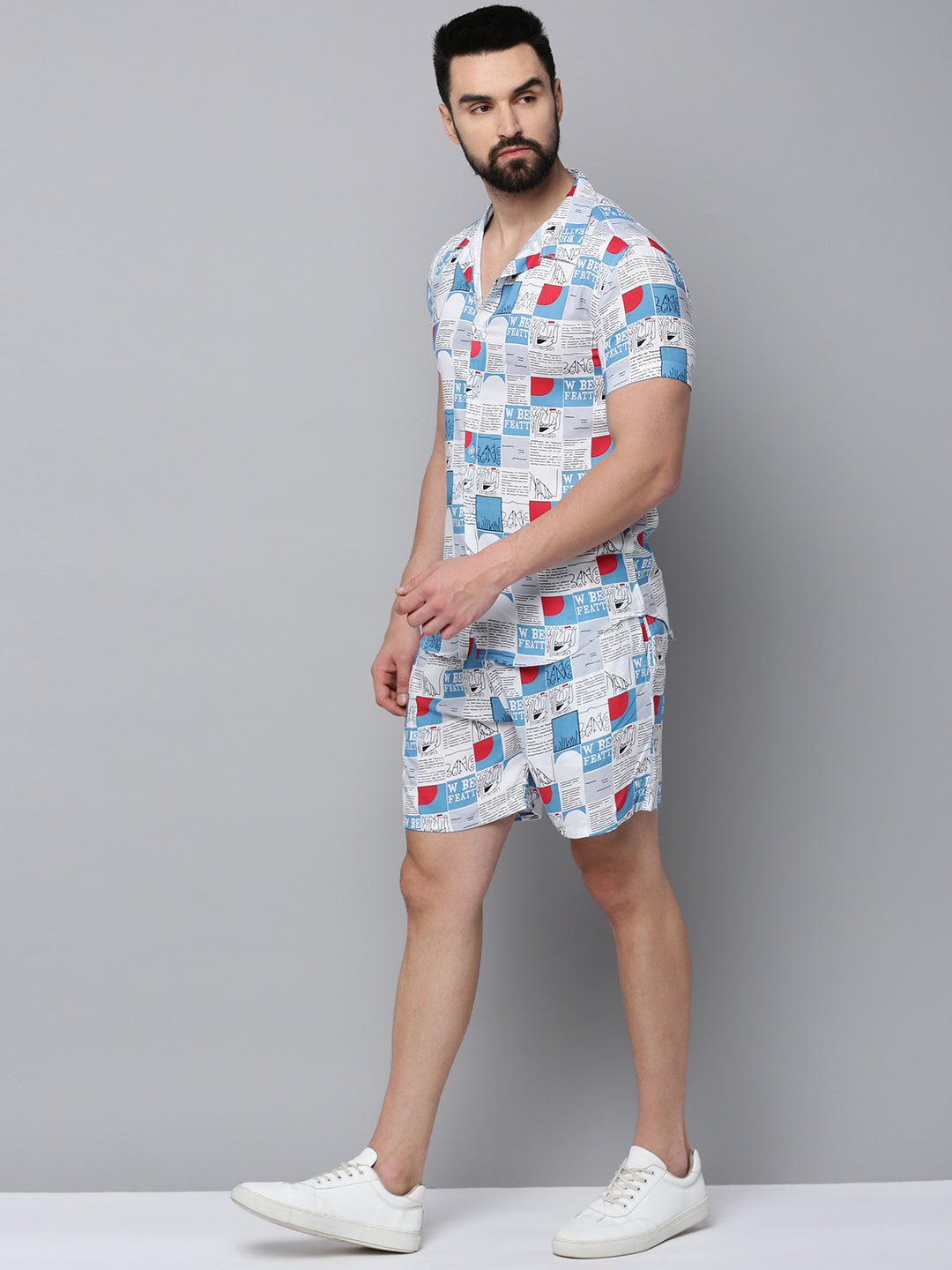 Men White Printed Casual Co-Ord Set