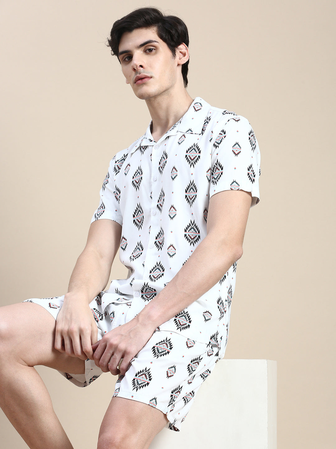 Men White Printed Casual Co ord Set