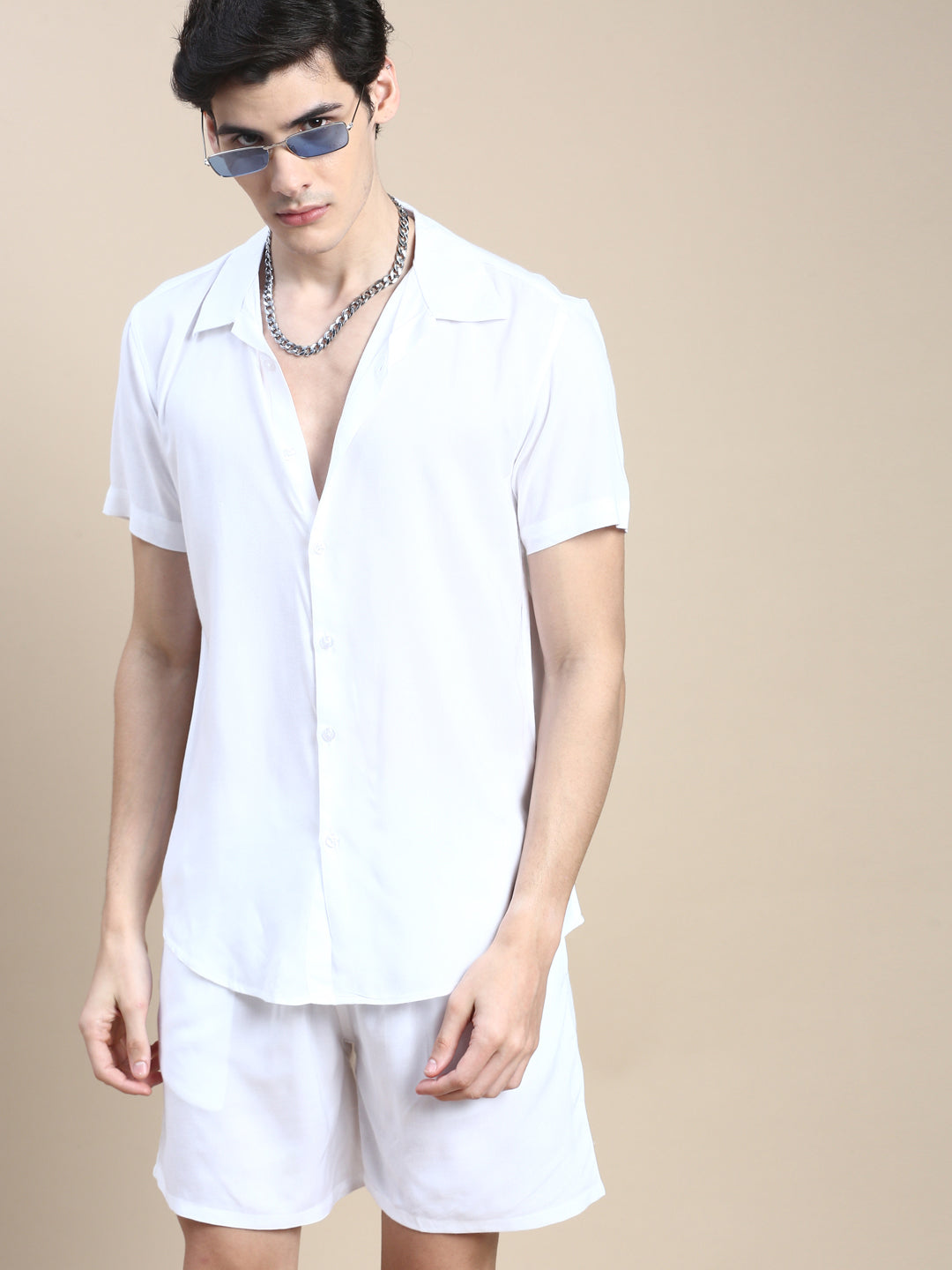 Men White Solid Casual Co ord Set