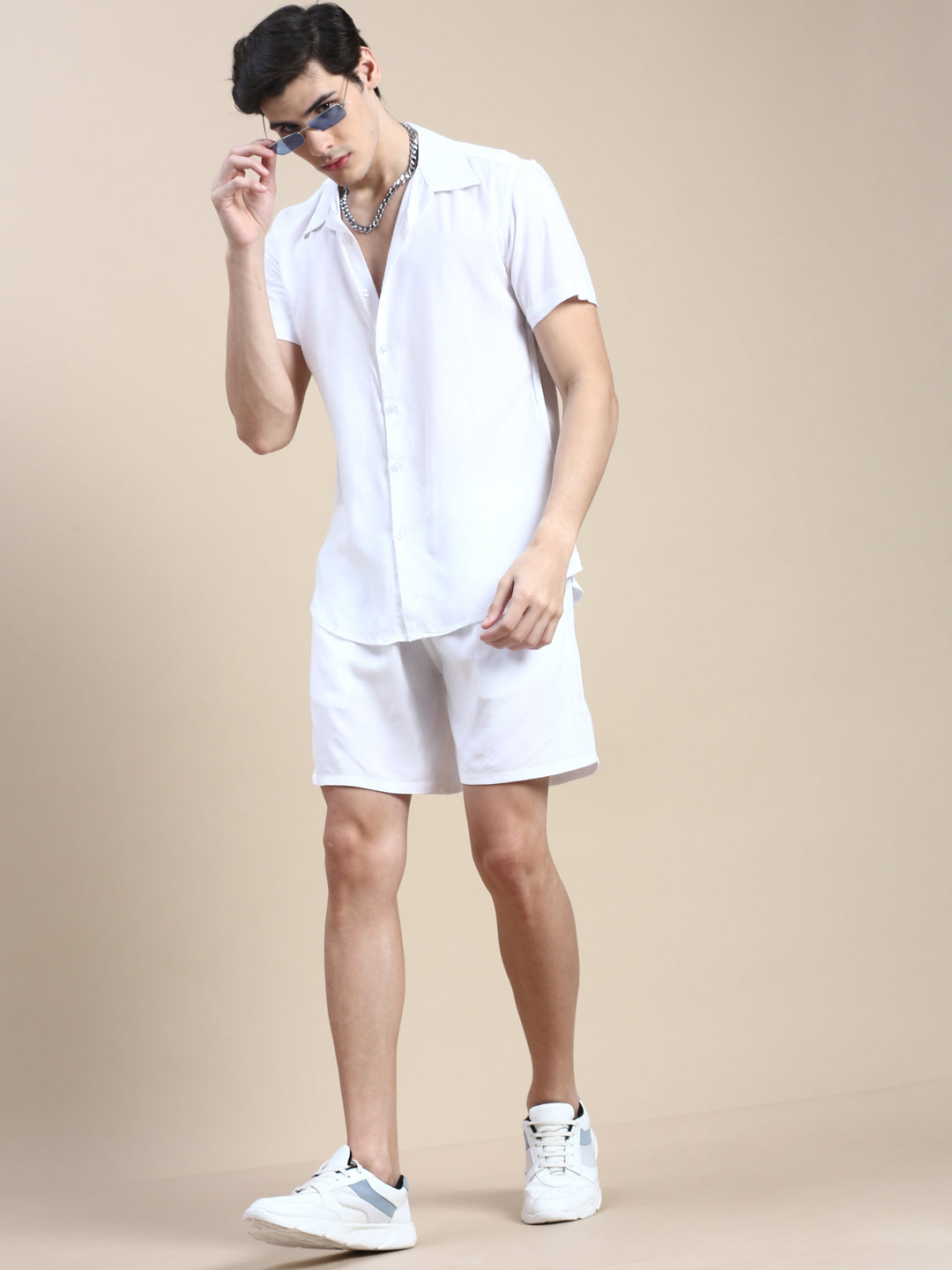 Men White Solid Casual Co ord Set