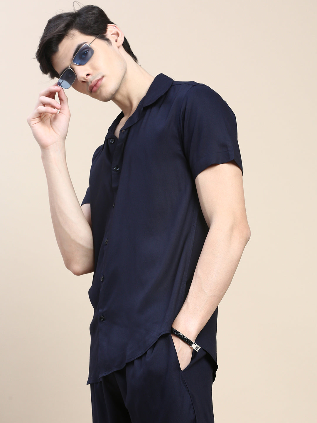 Men Navy Solid Casual Co ord Set