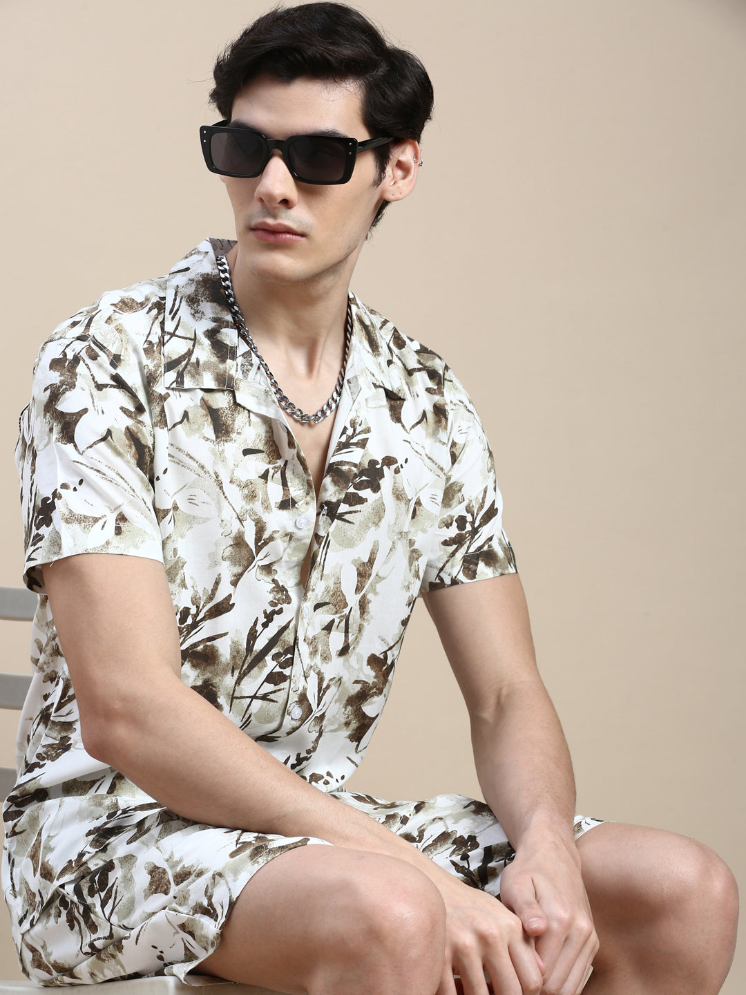 Men White Printed Casual Co ord Set