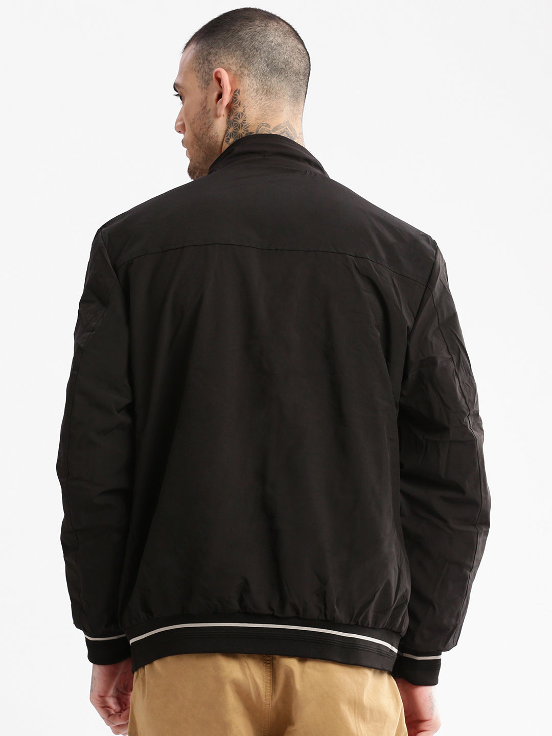 Men Mock Collar Khaki Solid Reversible Bomber Oversized Jacket