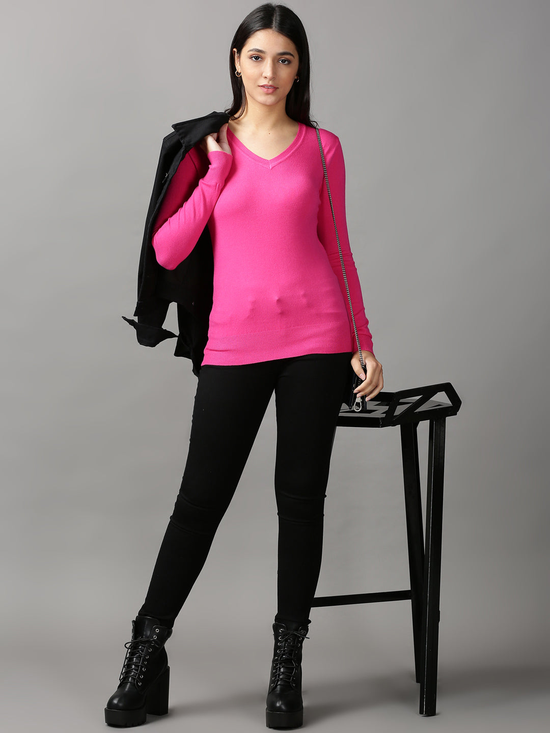 Women's Pink Solid Fitted Longline Top