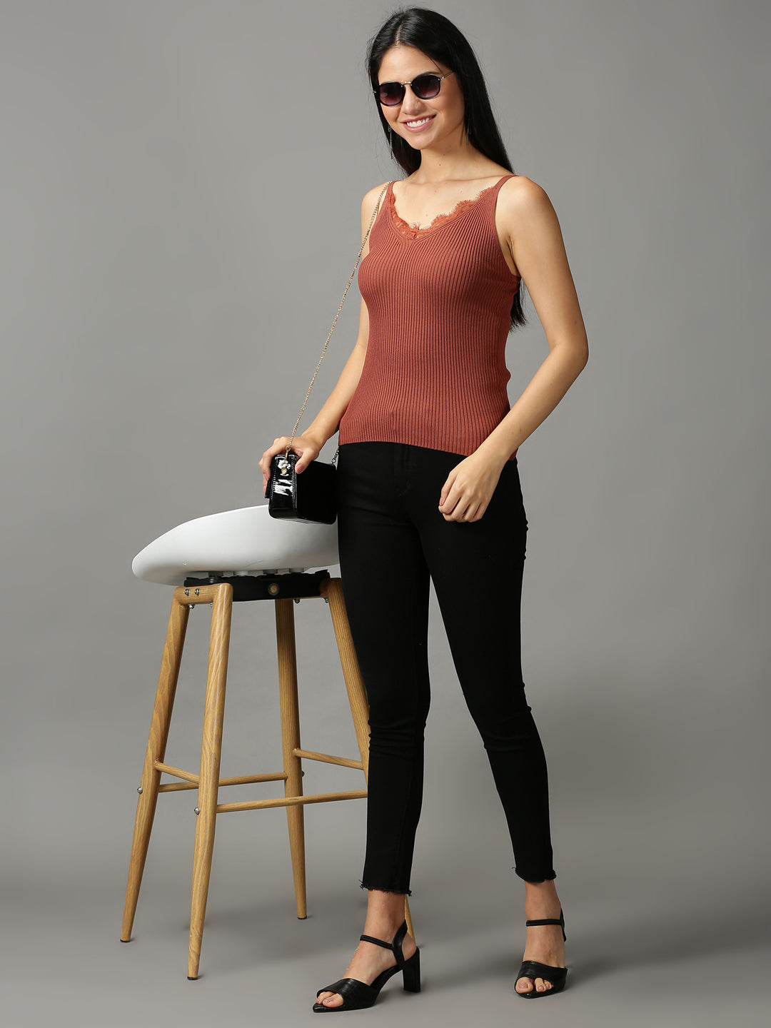 Women's Brown Solid Fitted Top