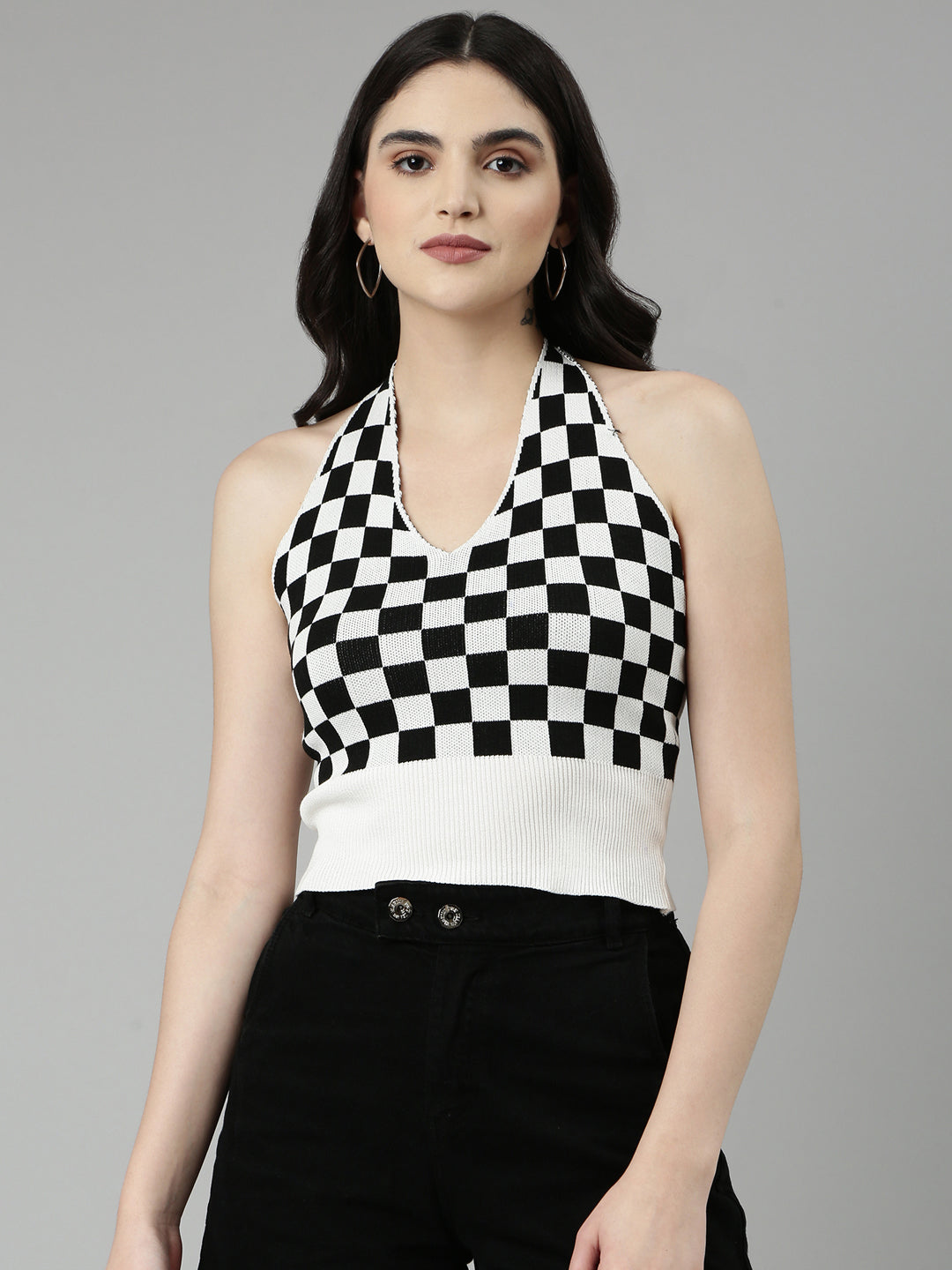 Halter Neck Checked White Fitted Regular Top