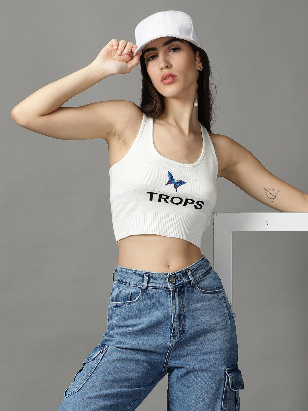 Women's White Solid Tank Crop Top