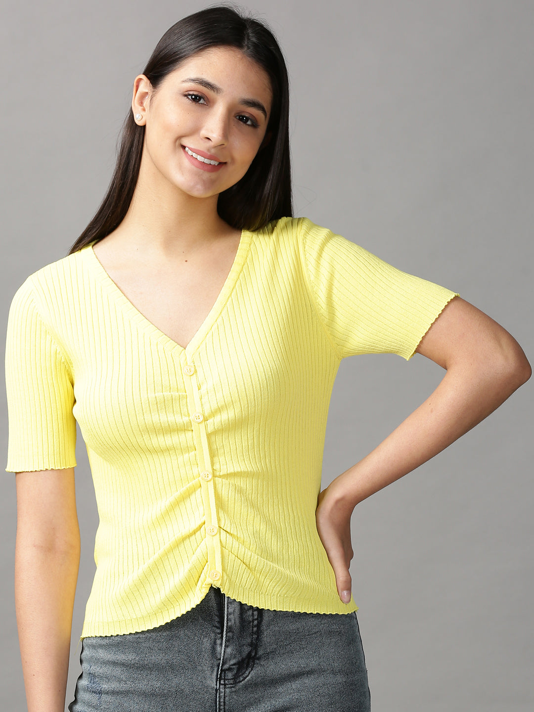 Women's Yellow Solid Fitted Top
