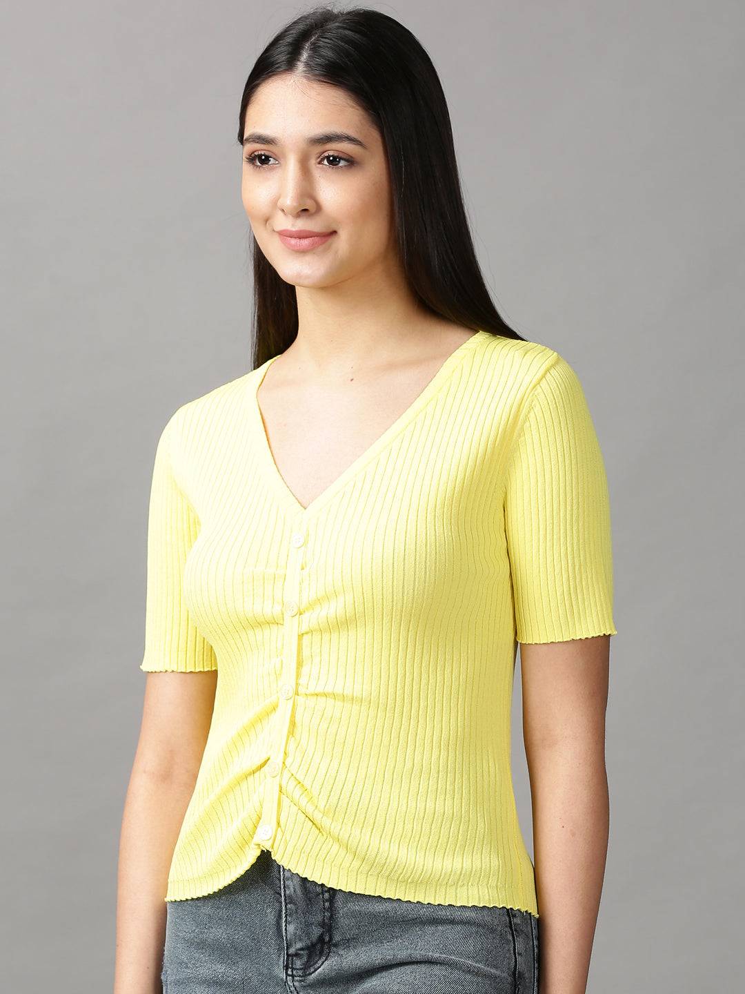 Women's Yellow Solid Fitted Top