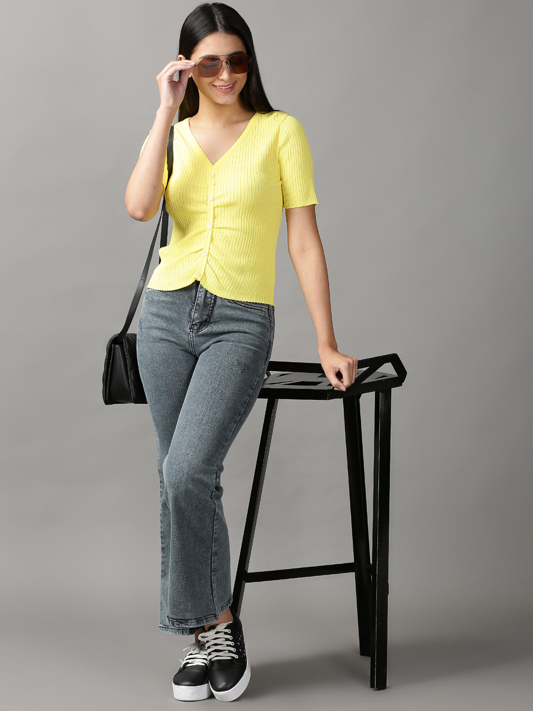 Women's Yellow Solid Fitted Top