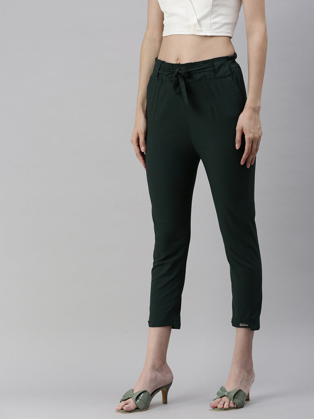 Women's Olive Solid Trouser
