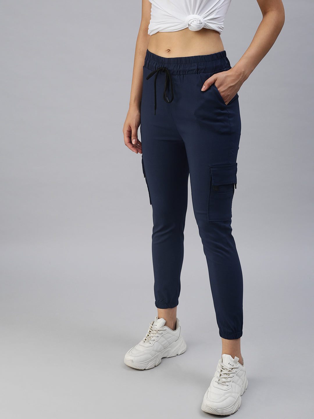 Women's Navy Blue Solid Joggers Track Pant
