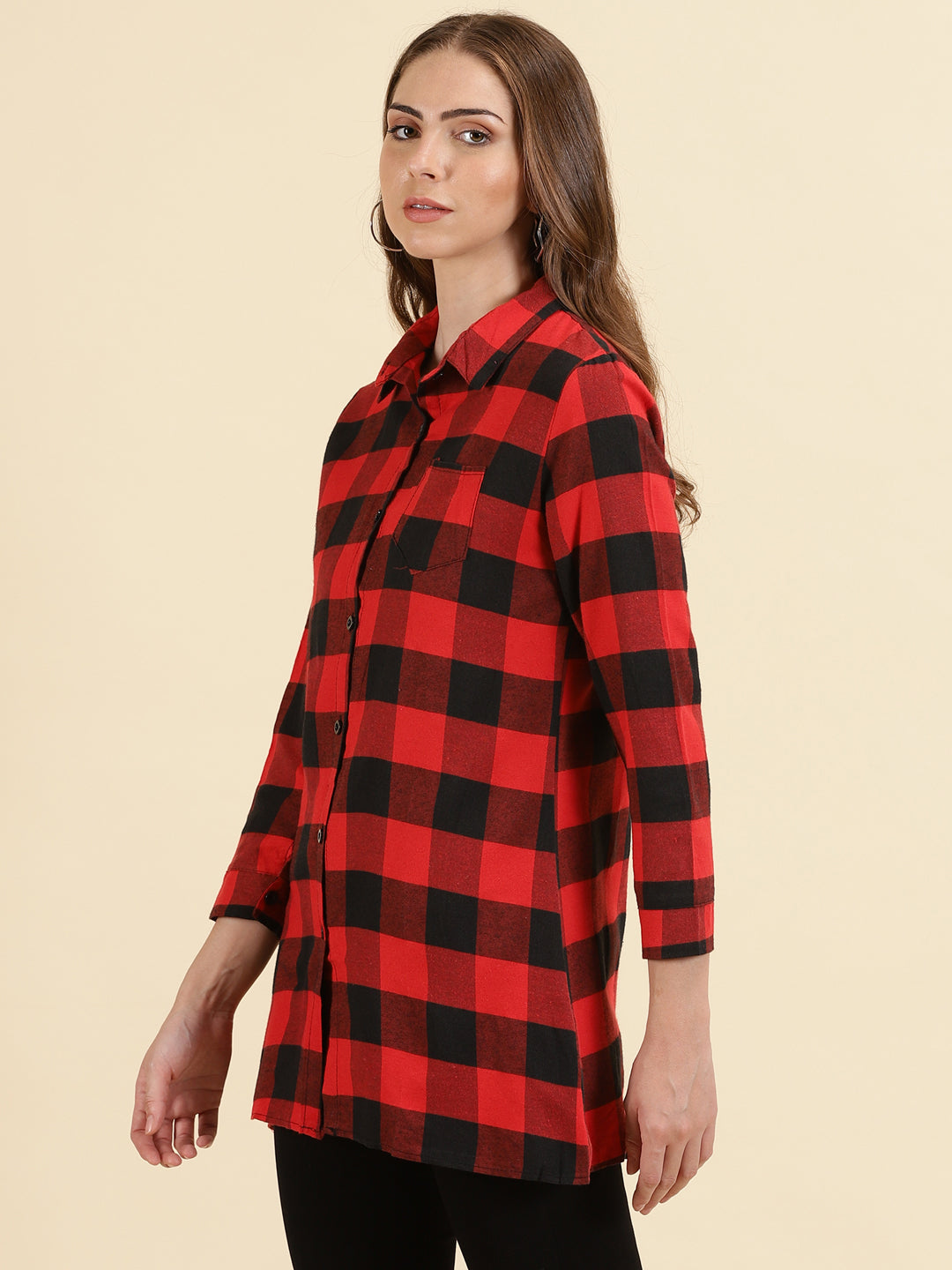 Women's Red Checked Longline Shirt