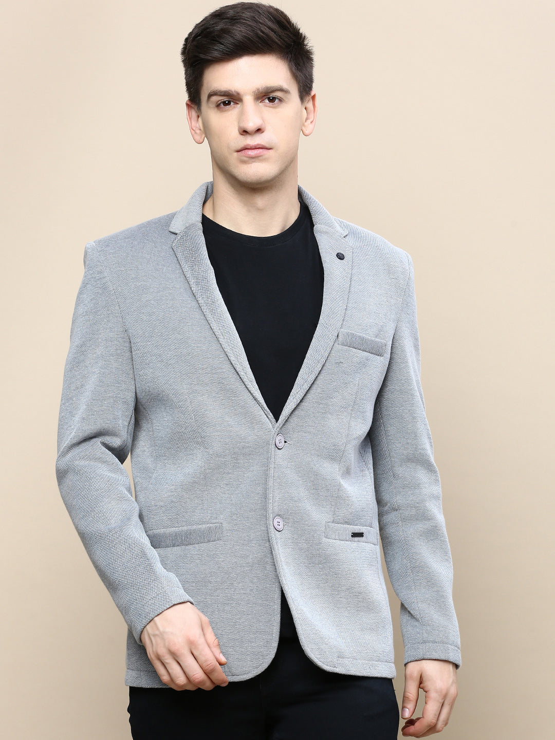 Men Grey Solid Casual Blazers