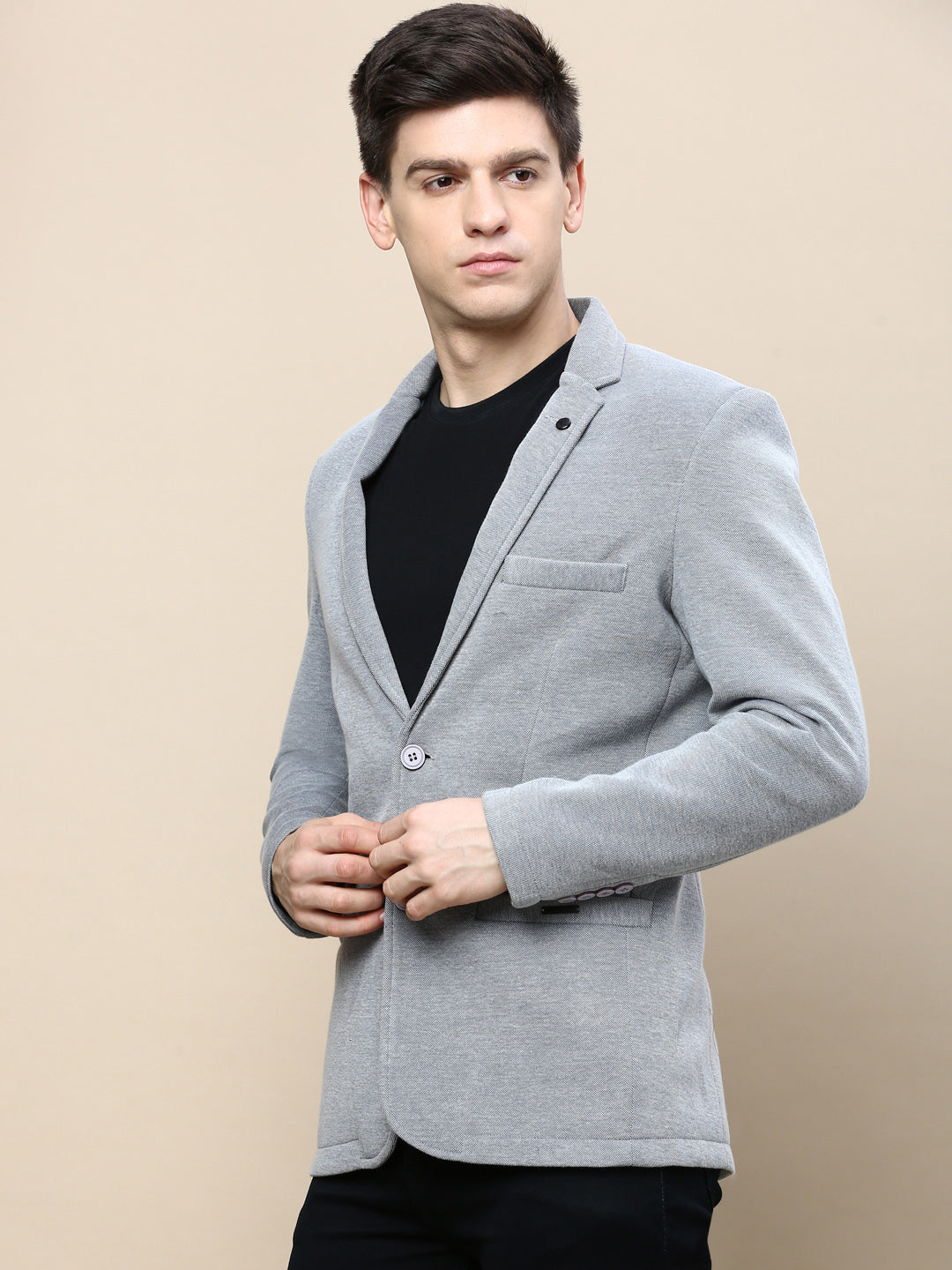 Men Grey Solid Casual Blazers