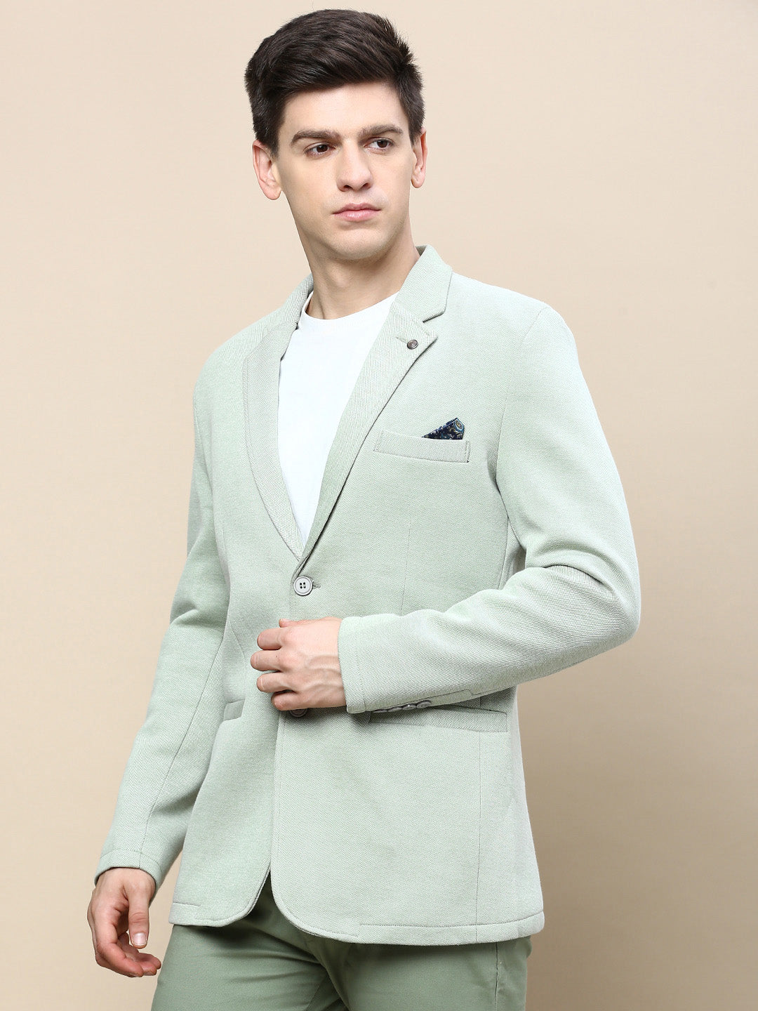 Men Green Solid Casual Blazers