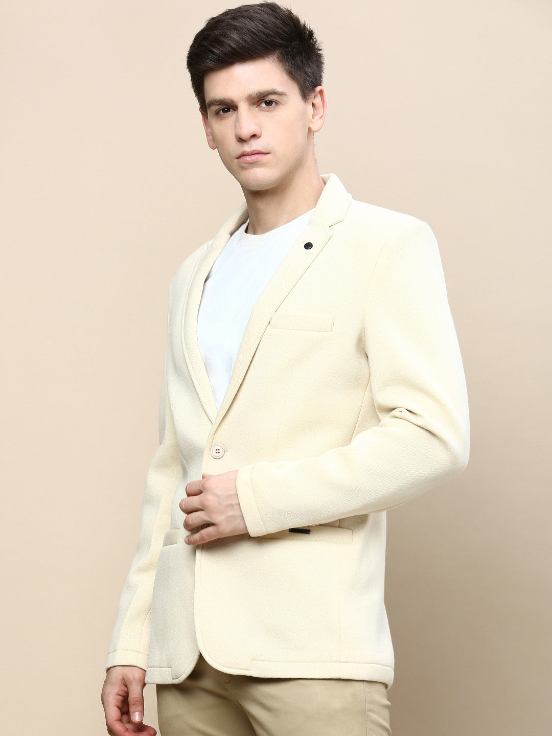 Men Cream Solid Casual Blazers