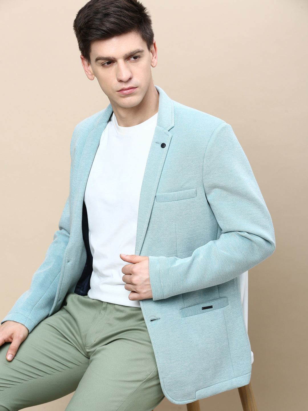 Men Green Solid Casual Blazers