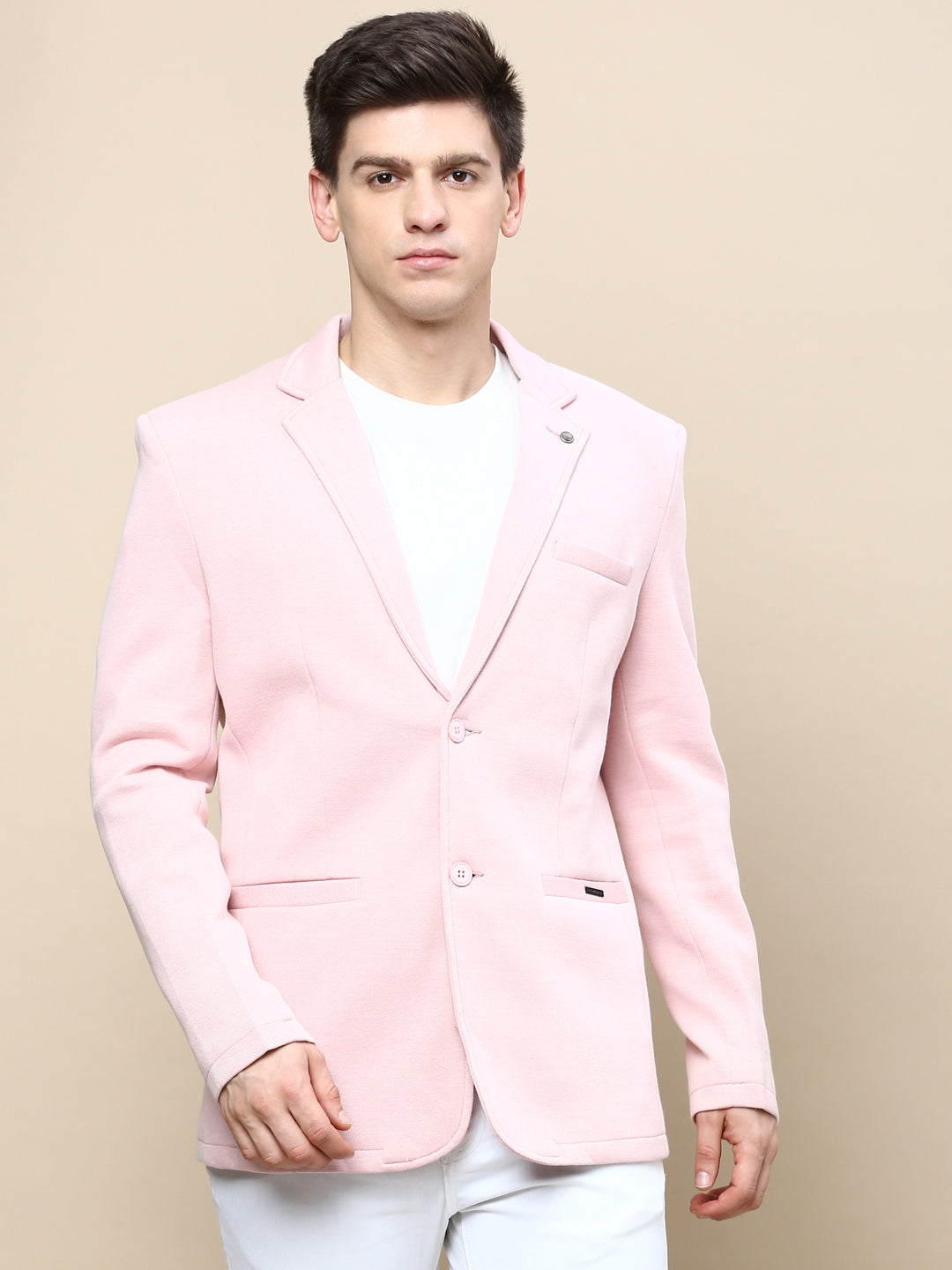 Men Pink Solid Casual Blazers