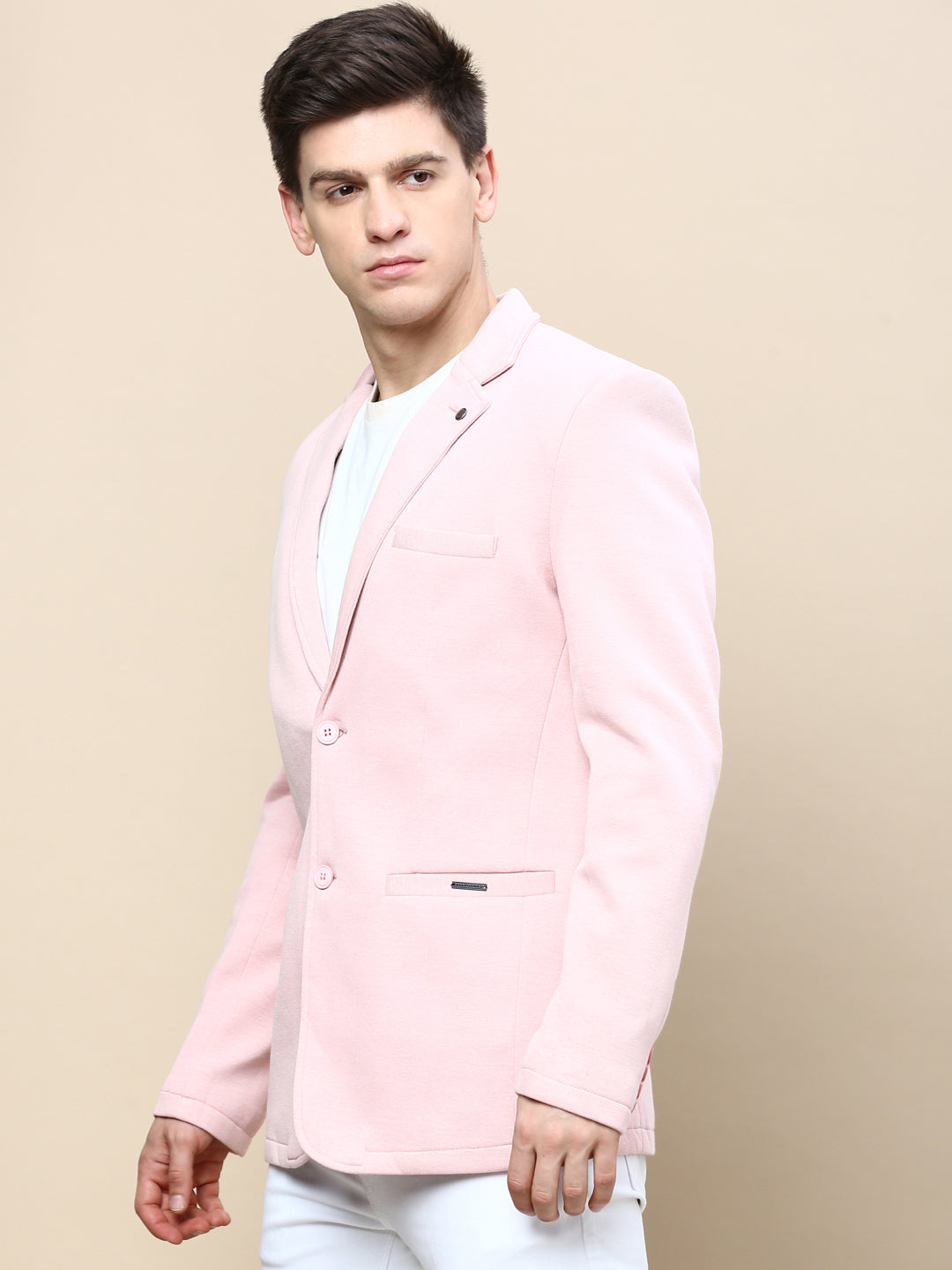 Men Pink Solid Casual Blazers