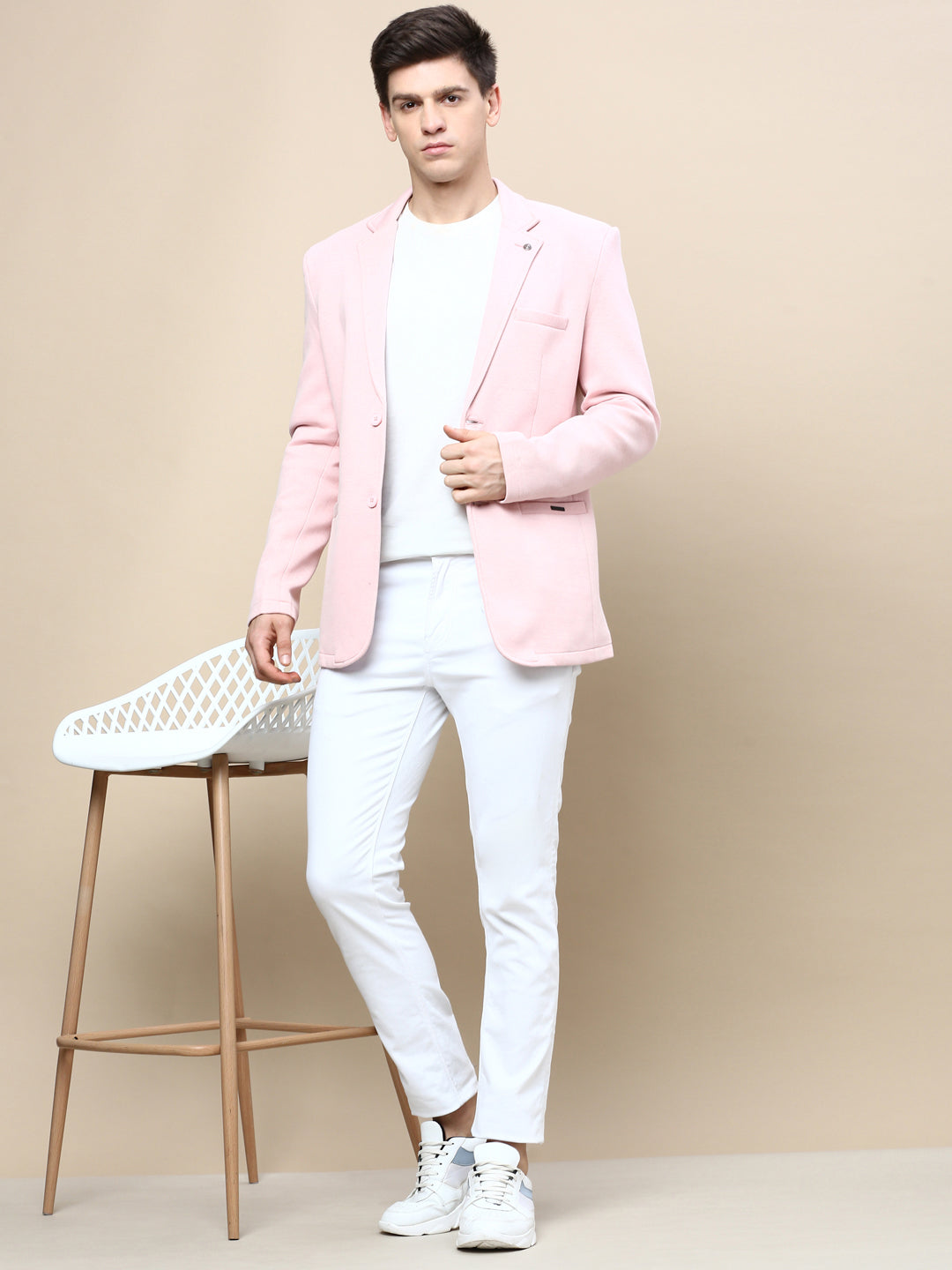 Men Pink Solid Casual Blazers