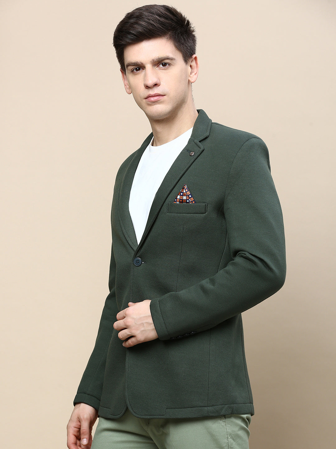 Men Green Solid Casual Blazers