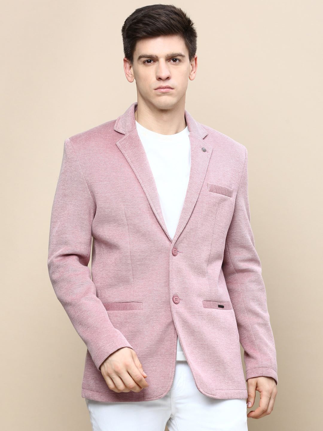 Men Mauve Solid Casual Blazers