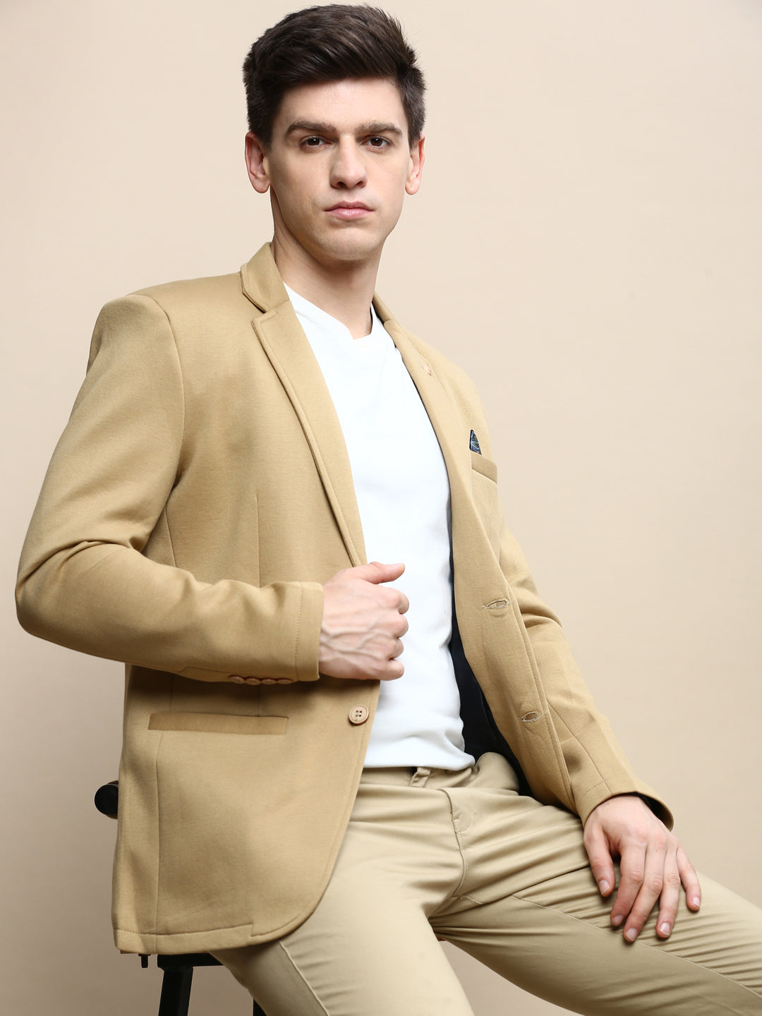 Men Khaki Solid Casual Blazers