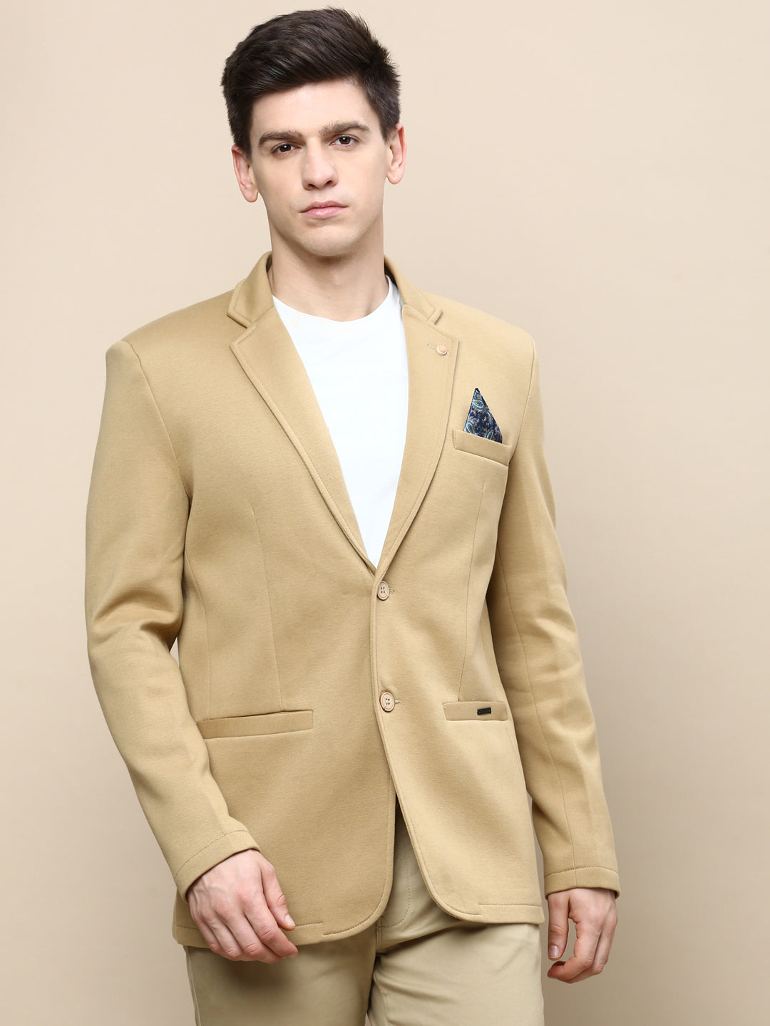 Men Khaki Solid Casual Blazers