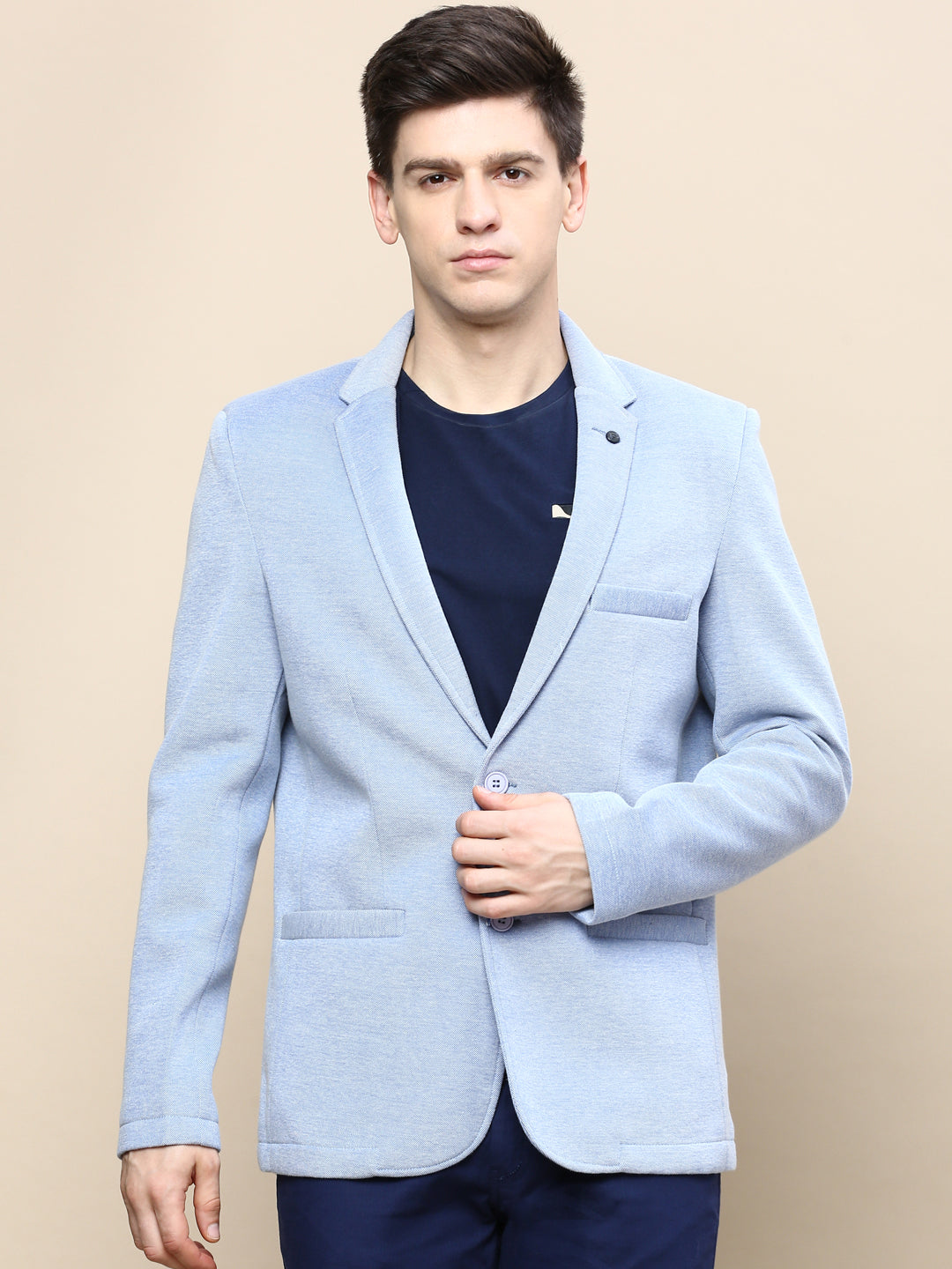 Men Blue Solid Casual Blazers