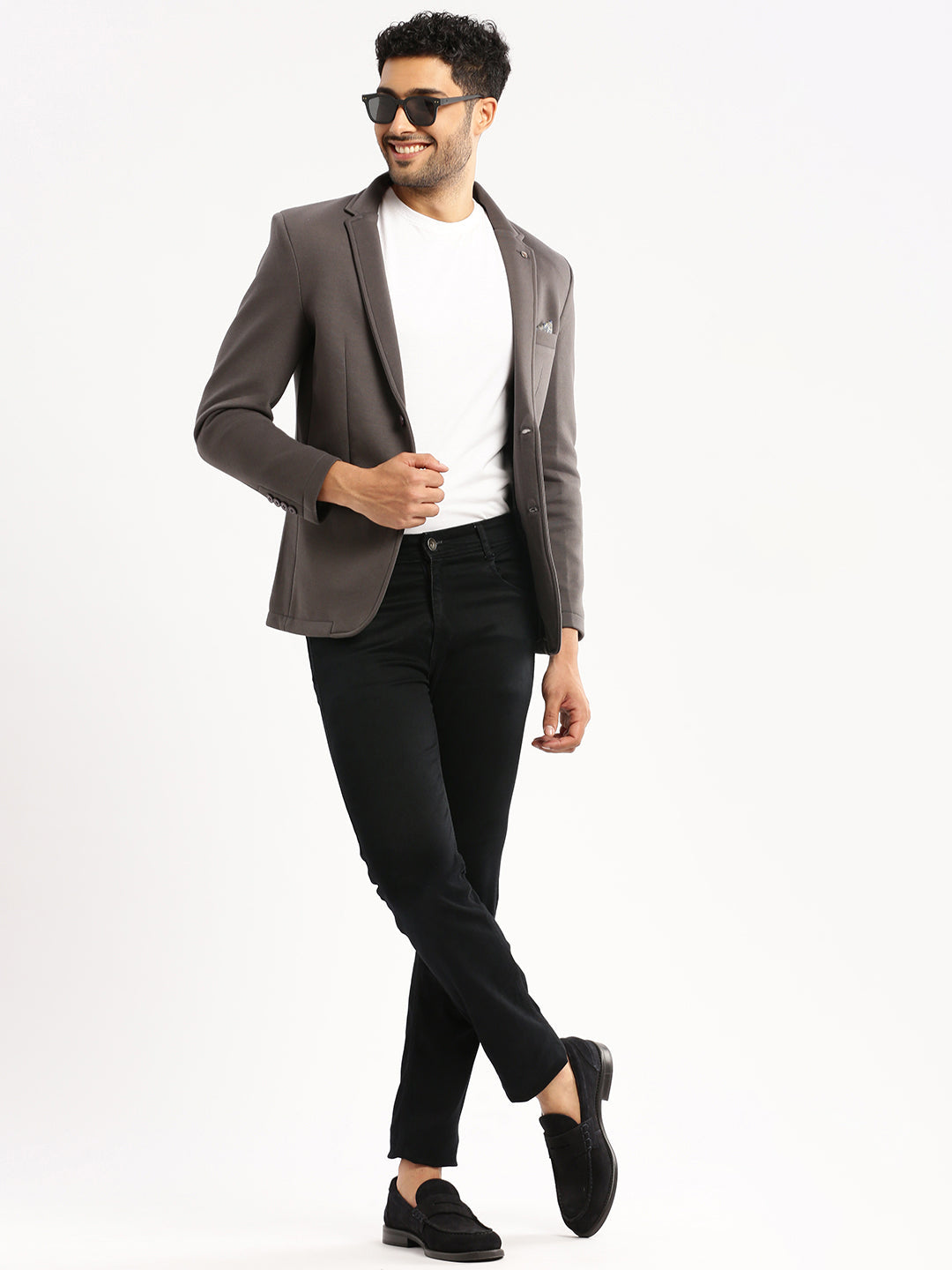 Men Grey Solid Notched Lapel Blazer