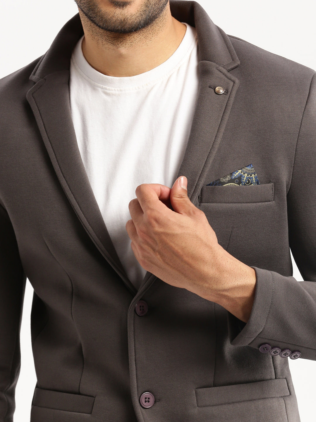 Men Grey Solid Notched Lapel Blazer