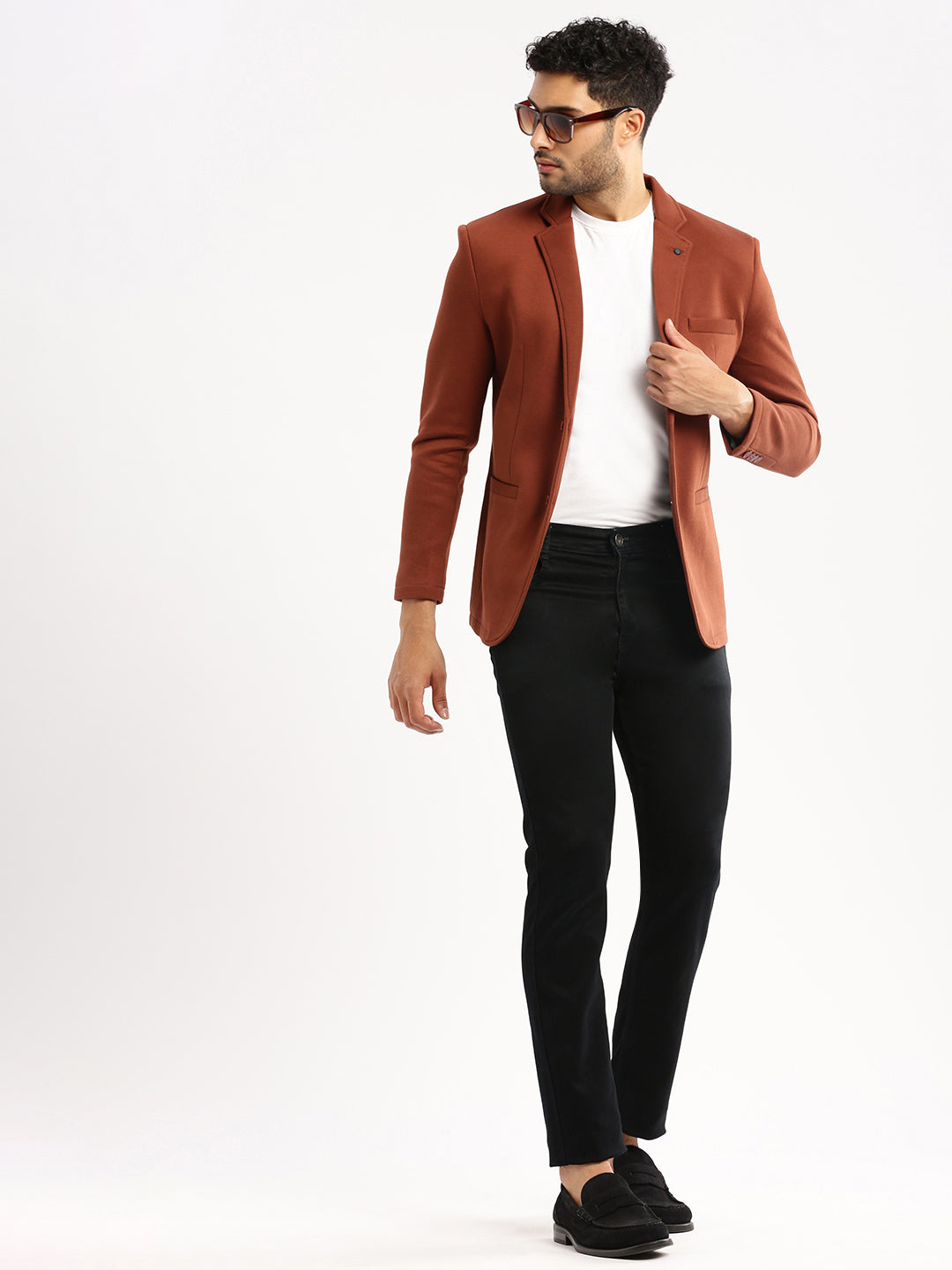 Men Brown Solid Notched Lapel Blazer