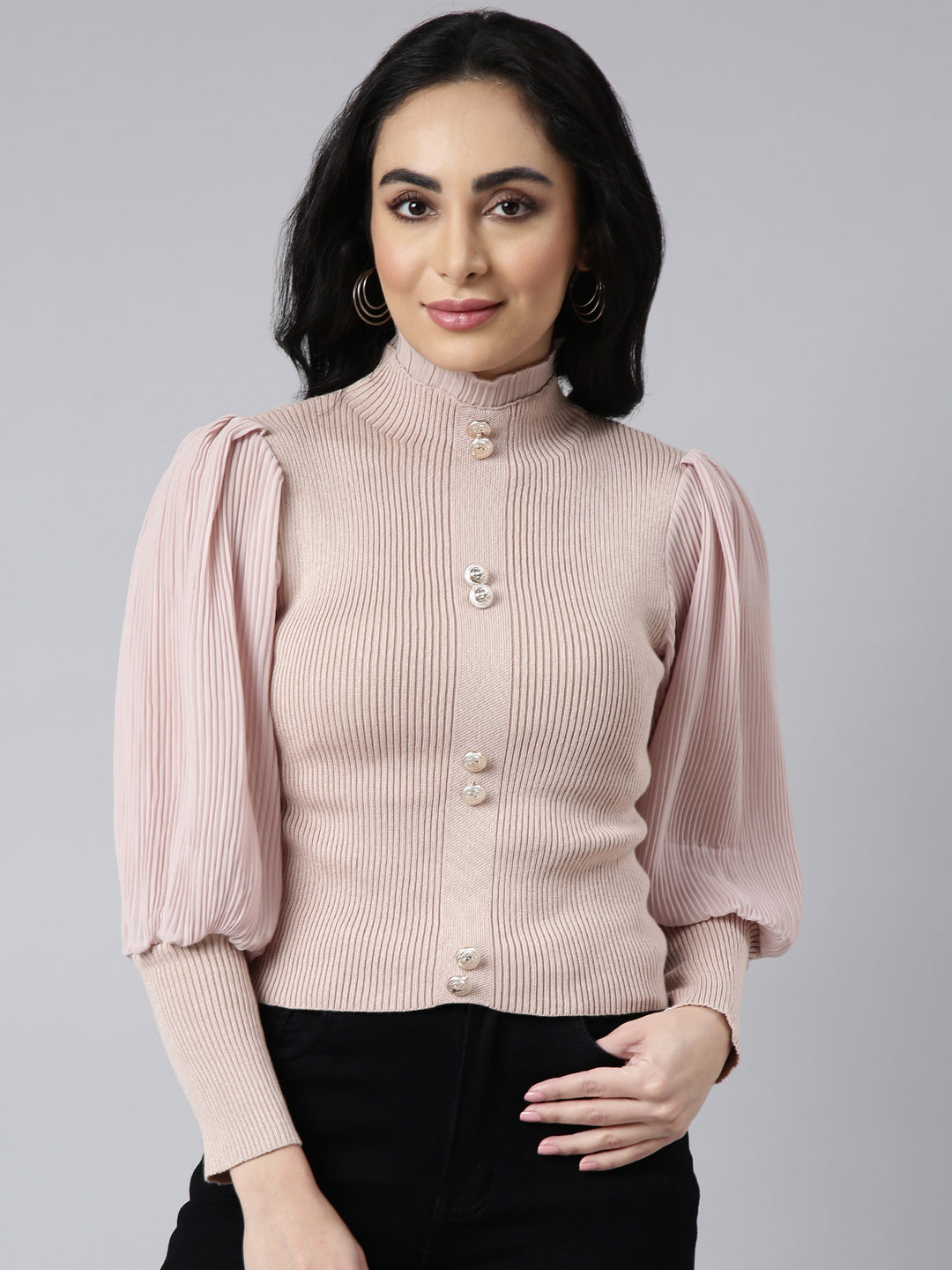 Women Solid Beige Fitted Top