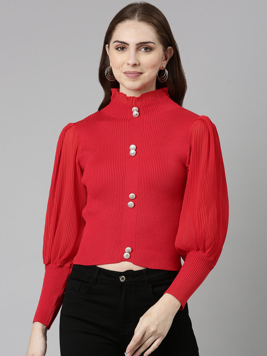 High Neck Solid Bishop Sleeves Fitted Red Crop Top