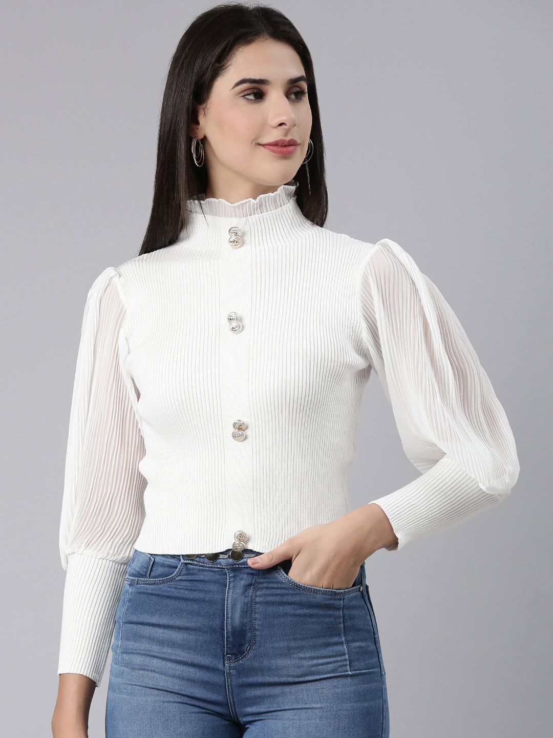 High Neck Solid Bishop Sleeves Fitted White Crop Top