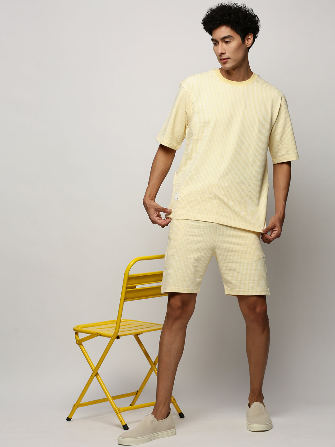 Men Yellow Striped Casual Co ords