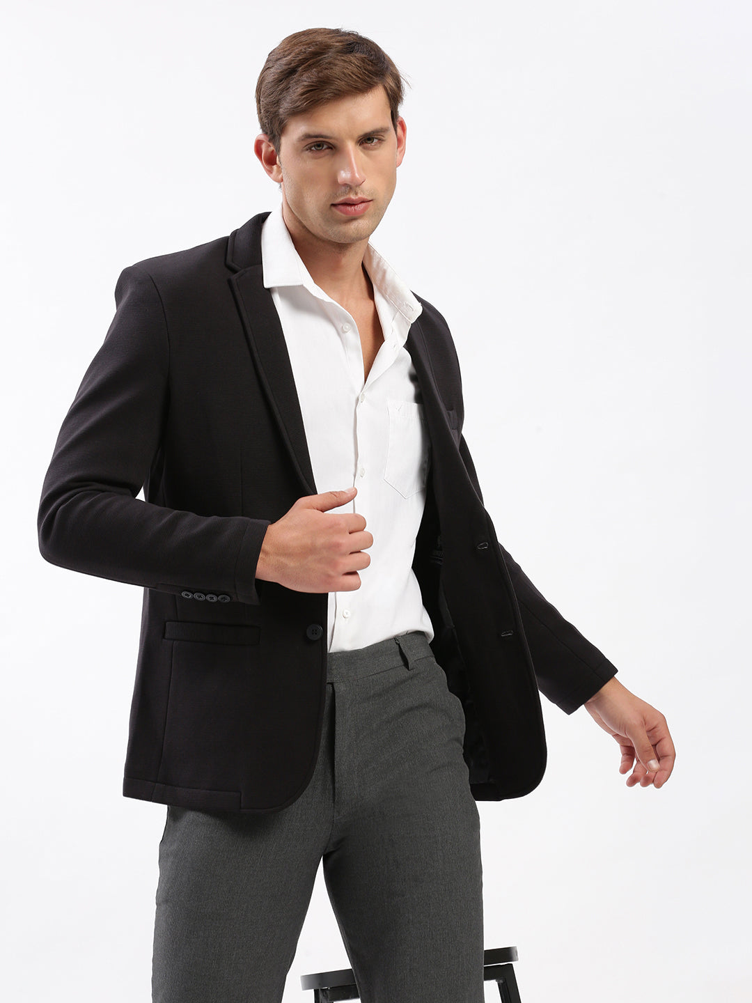 Men Notched Lapel Solid Black Blazer