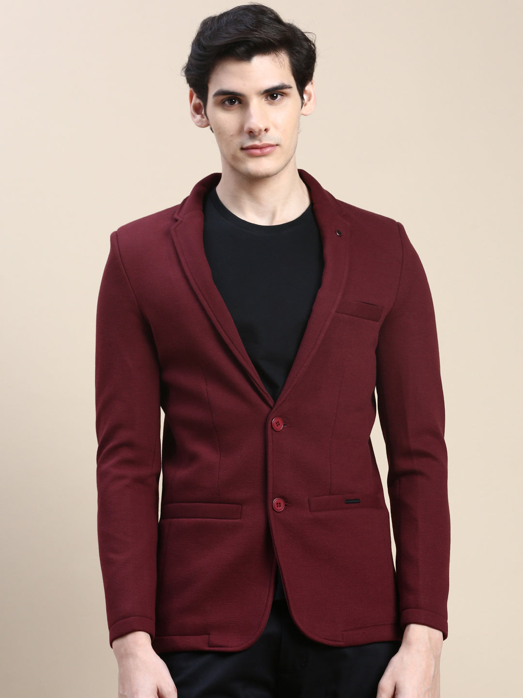 Men Burgundy Solid Casual Blazers