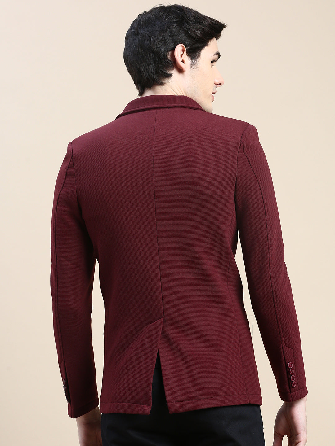 Men Burgundy Solid Casual Blazers