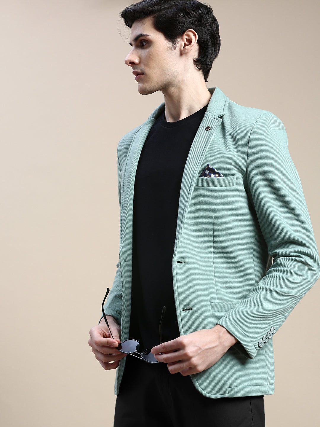 Men Green Solid Casual Blazers