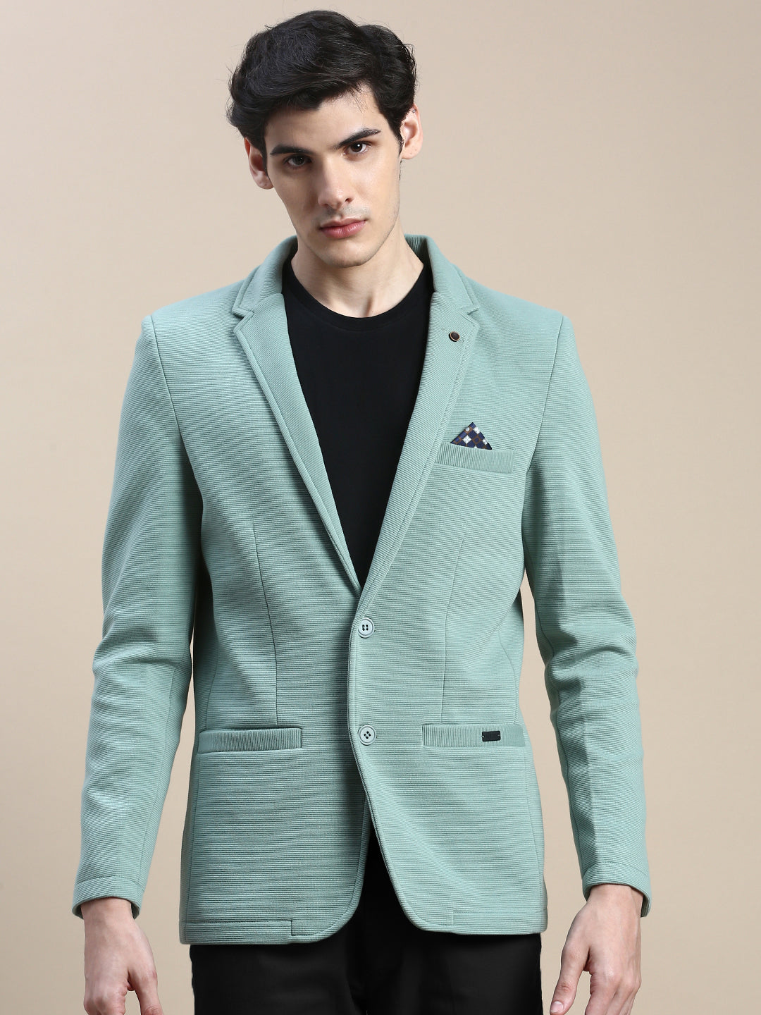 Men Green Solid Casual Blazers